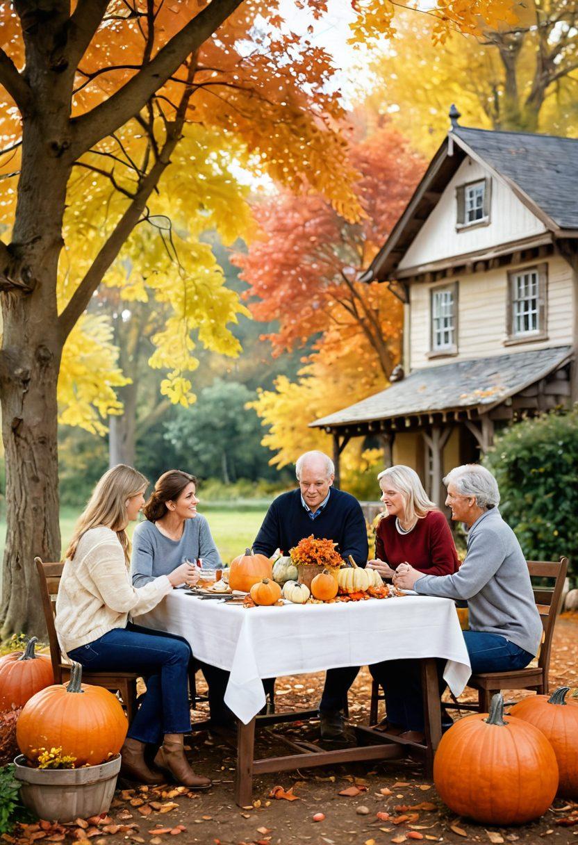 A cozy scene depicting a family gathered around a harvest table adorned with pumpkins and autumn leaves, set against a backdrop of colorful fall foliage. The atmosphere is warm and inviting with soft sweaters draped over the chairs, and gentle sunlight filtering through the trees, creating a nostalgic feel. Add hints of family heirlooms like old photographs on the table, evoking a sense of heritage. watercolor painting. warm tones. soft focus.