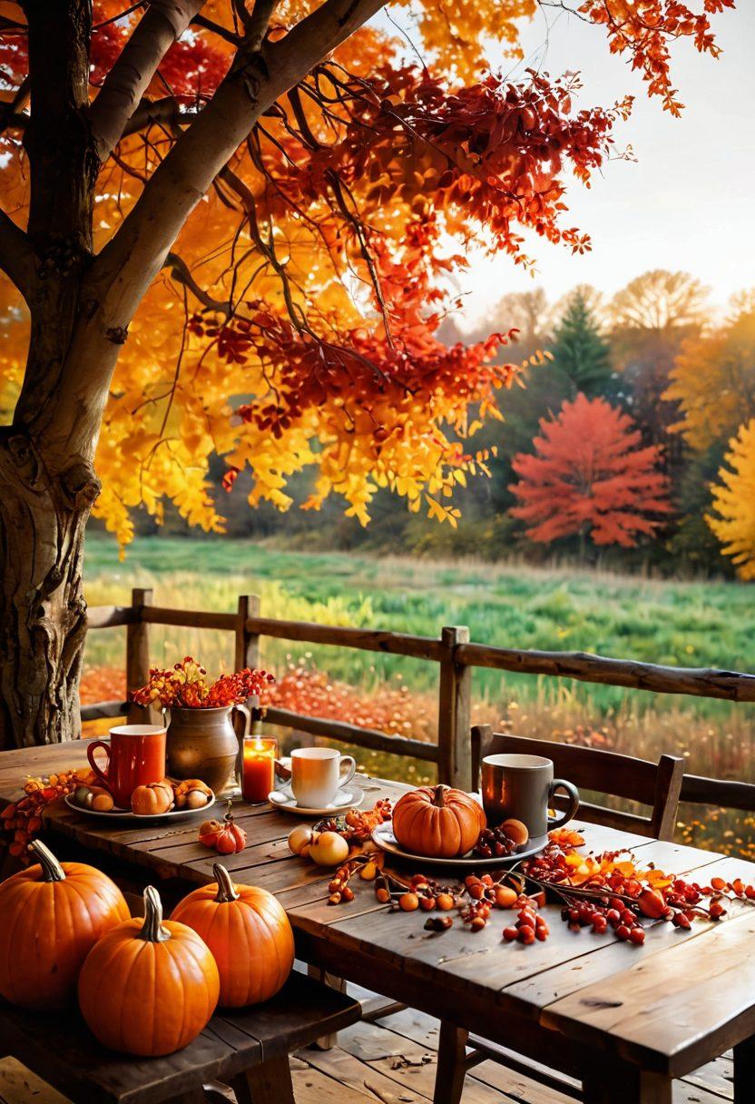 A warm, inviting scene depicting a cozy autumn landscape with vibrant orange and red leaves cascading from trees. A rustic wooden table is laden with plump pumpkins and hand-painted mugs filled with steaming cider. In the background, a soft golden glow of sunset embraces the horizon, symbolizing personal legacy and celebration of harvest. The atmosphere is enriched with falling leaves and a slight breeze, evoking a sense of nostalgia and warmth. painting. vibrant colors. soft focus.