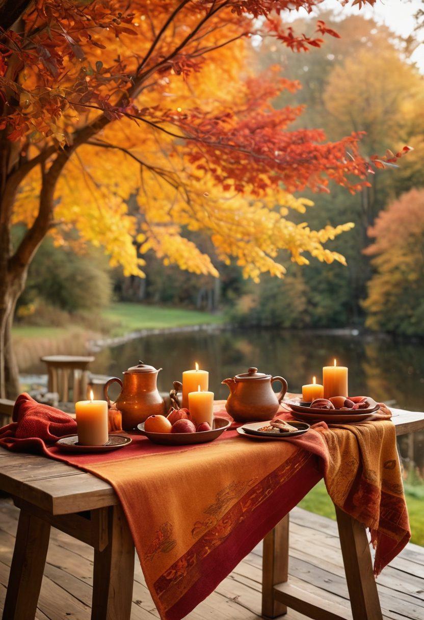 A serene autumn landscape filled with vibrant fall foliage in shades of orange, red, and gold. In the foreground, a rustic wooden table is adorned with handmade artisan crafts such as pottery, woven textiles, and candles. A cozy knitted blanket and a steaming cup of cider rest nearby, evoking a sense of warmth and comfort. Soft sunlight filters through the trees, creating a magical atmosphere rich in creativity. impressionistic style. warm tones. soft focus.